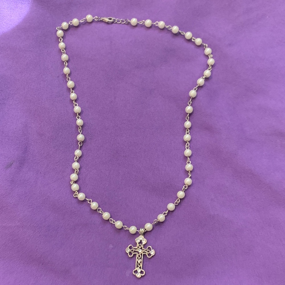 Vintage Pearl and Silver Cross Necklace